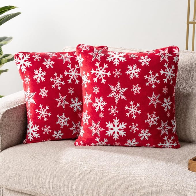 Set van 2 sierkussenhoezen 18x18 sneeuwvlok rood pluche