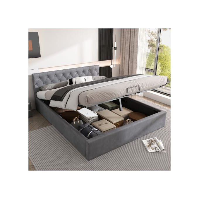 Lit - MUVOE - 140x200 cm - Velours gris - Tête de lit boutonnée - Rangement hydraulique gris