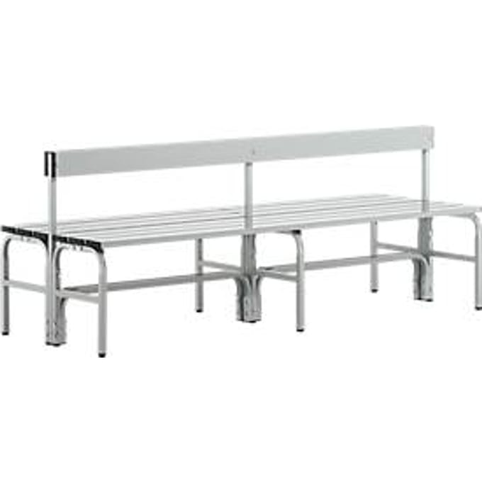 Kleedkamerbank, rvs buis/aluminium, dubbel met rugleuning, L 2000 mm, lichtgrijs