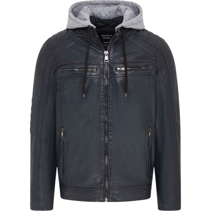 Heren blauwe capuchon biker lamsleren jas - Burten