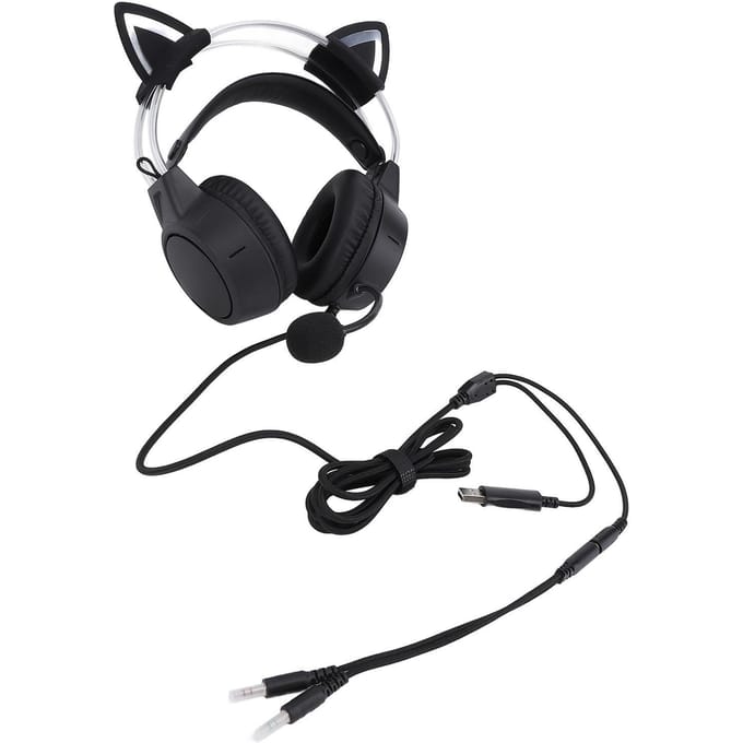 Casque de jeu noir antibruit réglable avec bandeau filaire et oreilles de chat RGB avec micro pour