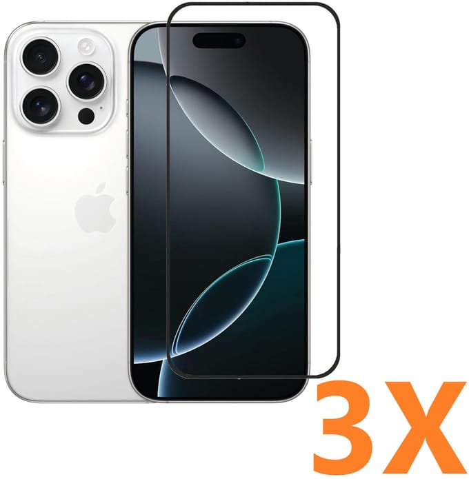 Screenprotector Glas - Full Coverage Tempered Glass Screen Protector [volledige dekking] - 3x Geschikt voor: Apple iPhone 16 Pro