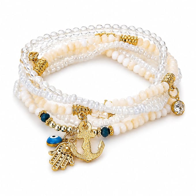 Marama Ibiza Sunset Wit – Armbandenset Dames – Set van 5 – Bohemian – Elastisch – Witte Kralen met Goudkleurige Bedels