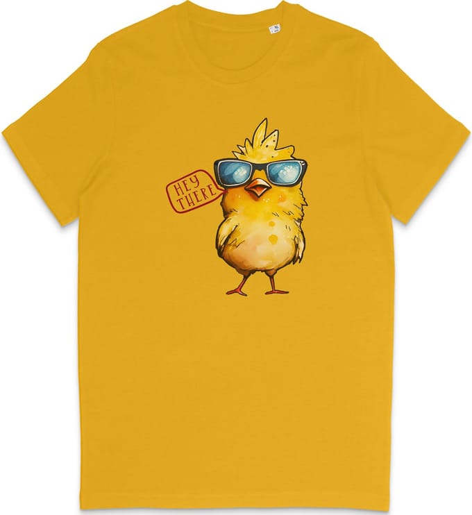 Heren en Dames T Shirt - Grappige Cartoon Kuiken 'Hey There' - Geel - M