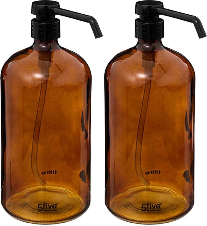 5Five Zeeppompje/zeepdispenser van glas - 2x - bruin - 1 liter