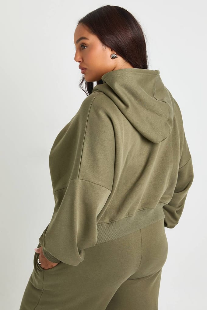 boohoo Dames Plus Core Basic Boxy Hoodie met ballonmouwen, oversized en doorlopende ritssluiting | Khaki | Maat: 24