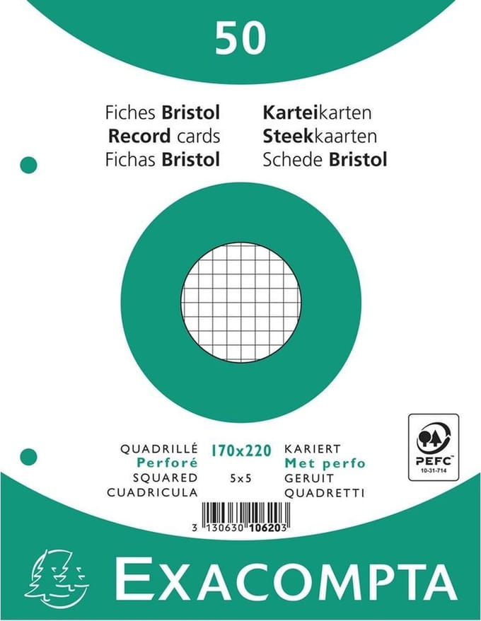 Exacompta Pak 50 steekkaarten in folie - bristol geruit 5x5 geperforeerd - 170x220mm - Wit - 10620E