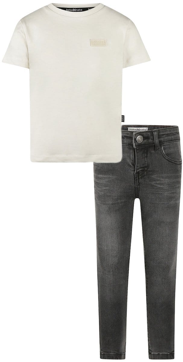 Koko Noko - Kledingset - Basic Collection - Bio Cotton - Dark grey jeans - Shirt korte mouw Off white - Maat 92