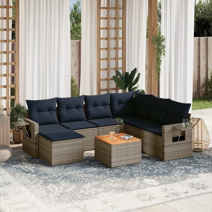 vidaXL - 8-delige - tuinbankset - met - kussens, - grijs - polyrotan