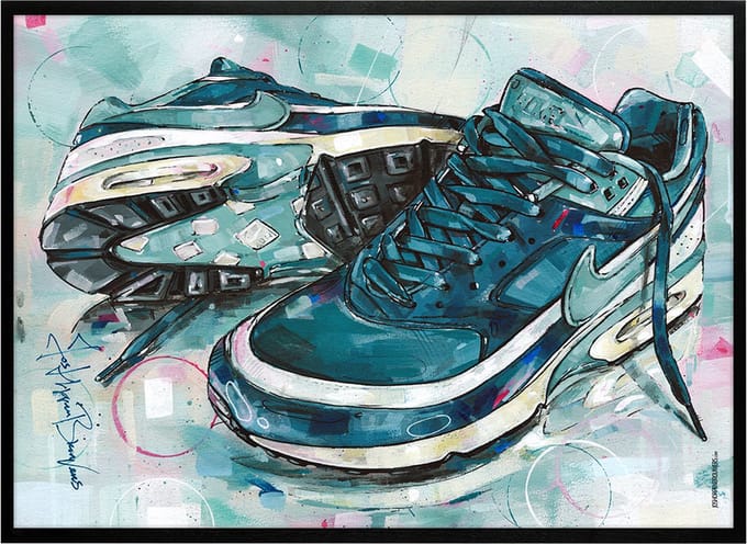Sneaker print classic BW marina grey jade vullend 71x51 cm *ingelijst & gesigneerd