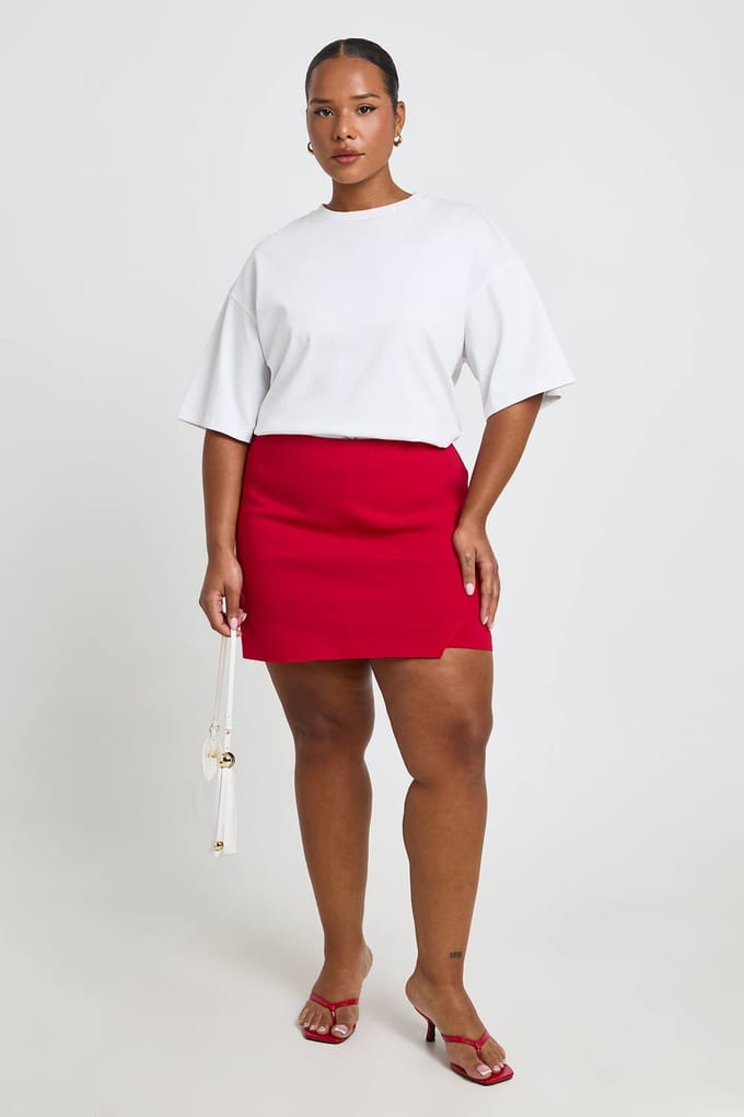 boohoo Dames Plus Bengaline Wikkel Skort | Rood | Maat: 56