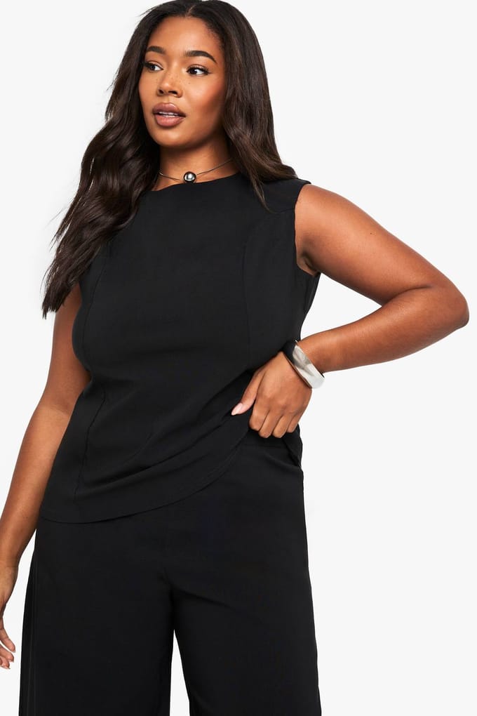 boohoo Dames Plus Bengaline top met ingeknoopte taille & broekset | Black | Maat: 28