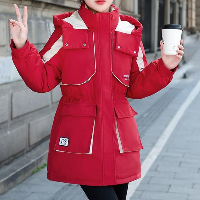 Gewatteerde Kleding Dames Medium en Lang Nieuwe Gewatteerde Kleding Winter Verdikte Jas Gewatteerde Jas 2XL rood