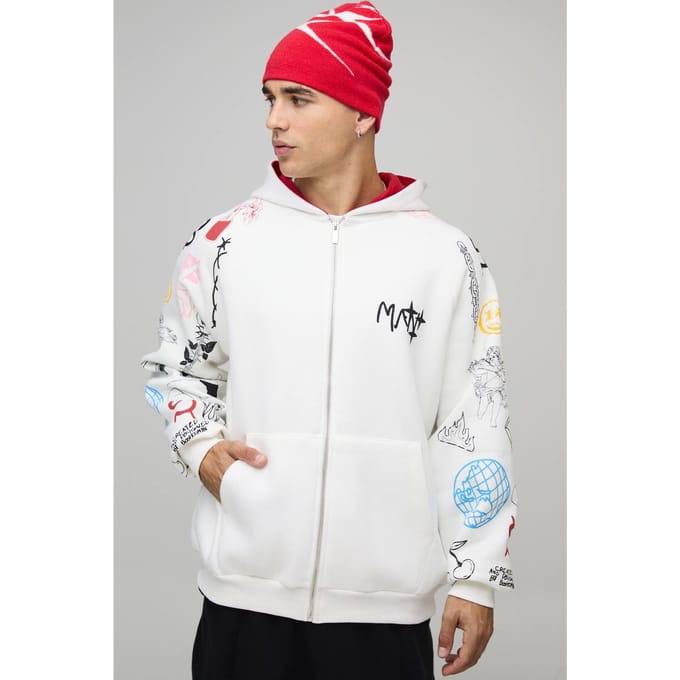 Oversized Zip Through Doodle Sleeve Printed Hoodie | Ecru | Size Medium