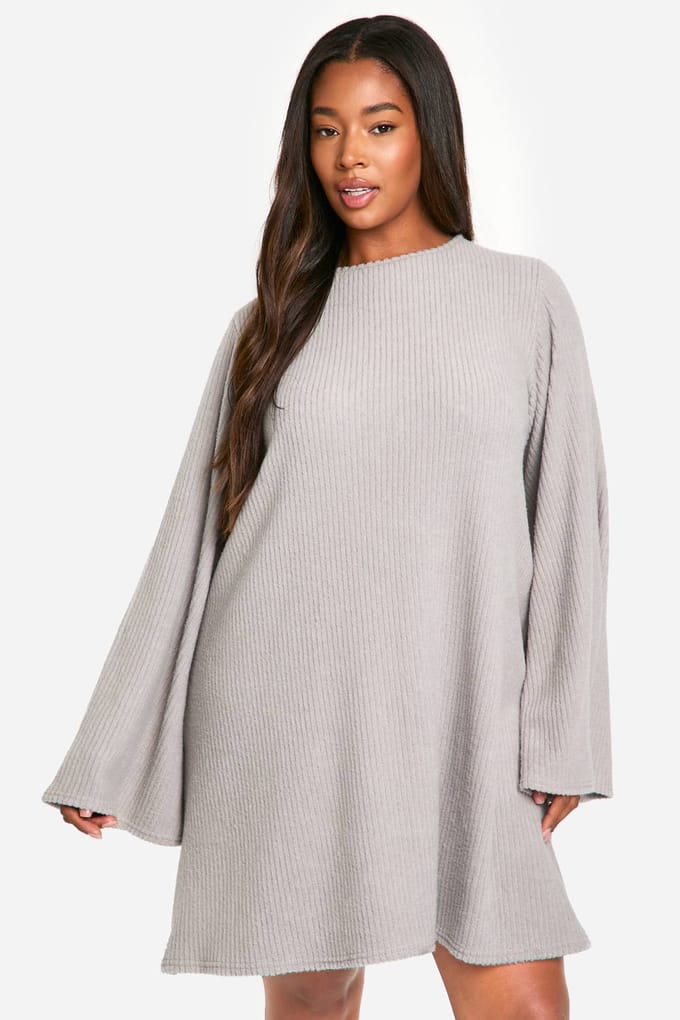 boohoo Dames Plus Soft Rib Tie-back Smock Jurk | Grijze Mergel | Maat: 52