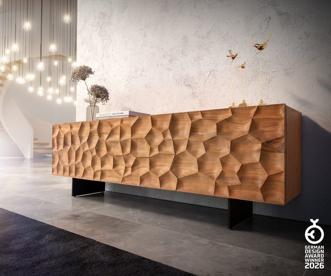 TV-meubel Solu acacia natuur 175 cm 2 deuren 2 laden Lowboard 3D front