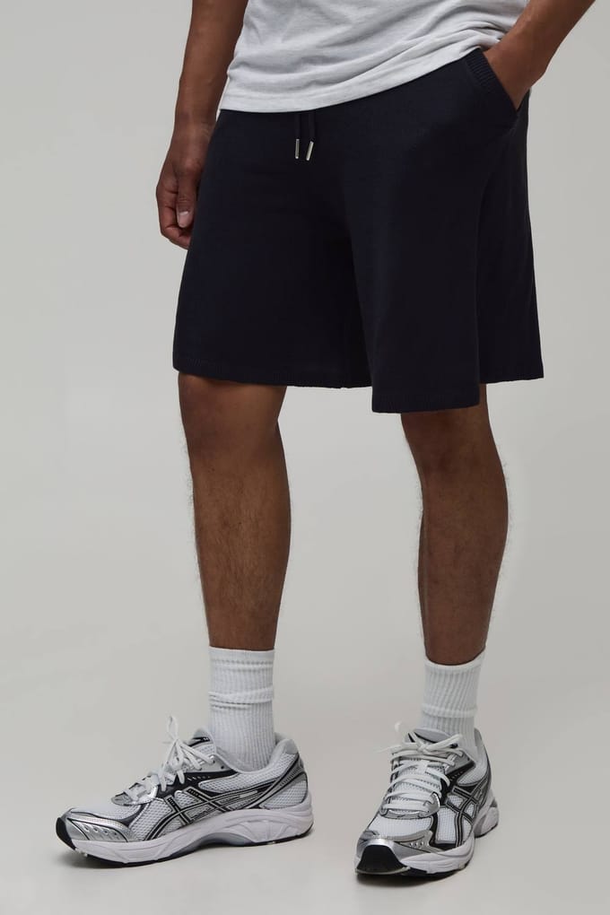 Ontspannen Gebreide Short Met Open Steek En Strepen | Black | Size Medium
