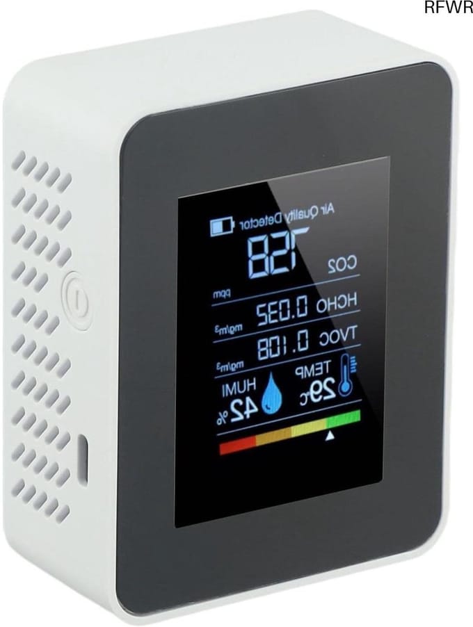 RFWR® 5-in-1 luchtkwaliteitsmonitor met CO-2, HCHO, TVOC-detectie - Temperatuur en Vochtigheid