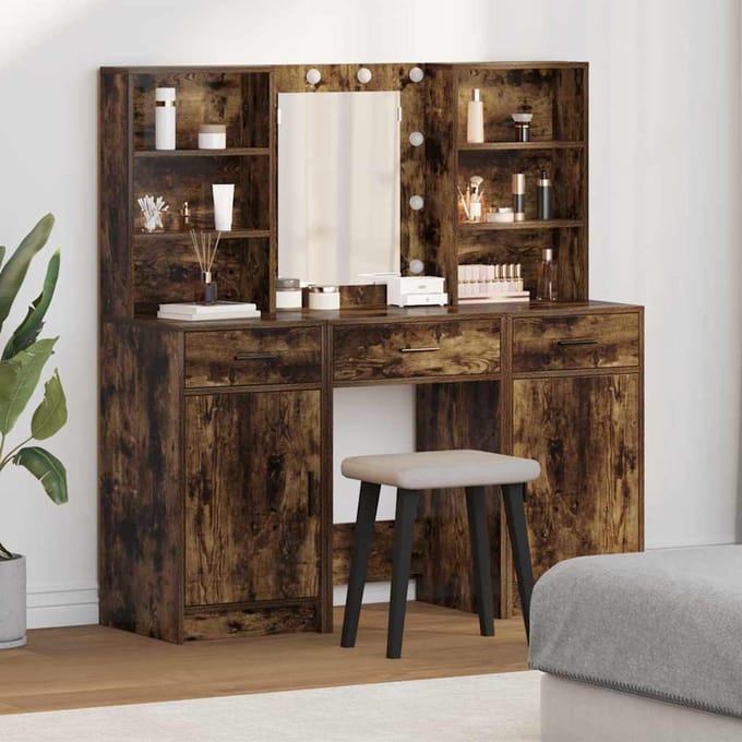 vidaXL - Dressing - tafel - set - met - LED - 3 - st - Rook - Eiken - Bewerkt - hout