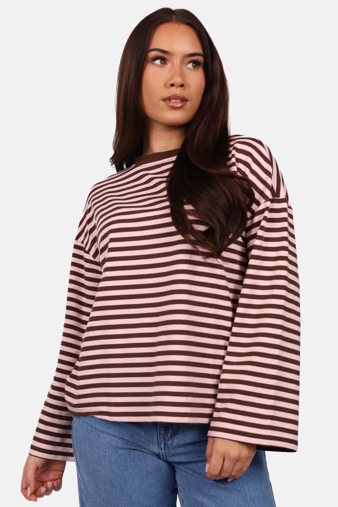 Getdrezzed Top - Maat: L - Gestreepte longsleeve in bruin en lichtroze