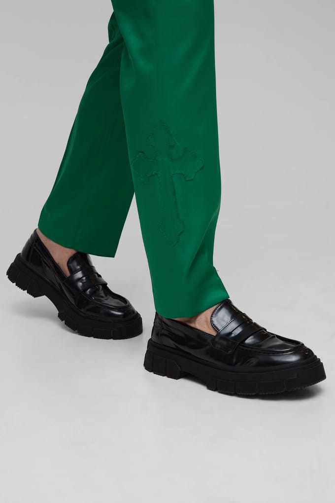Straight Fit Cross Applique Suit Trouser | Green | Size Small