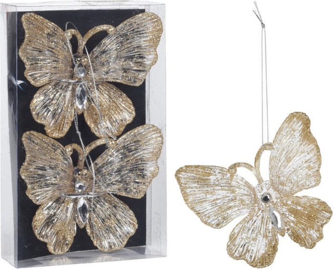 Christmas decoration Kersthanger - 2x - vlinders - champagne/goud - 15 cm - kerstversiering
