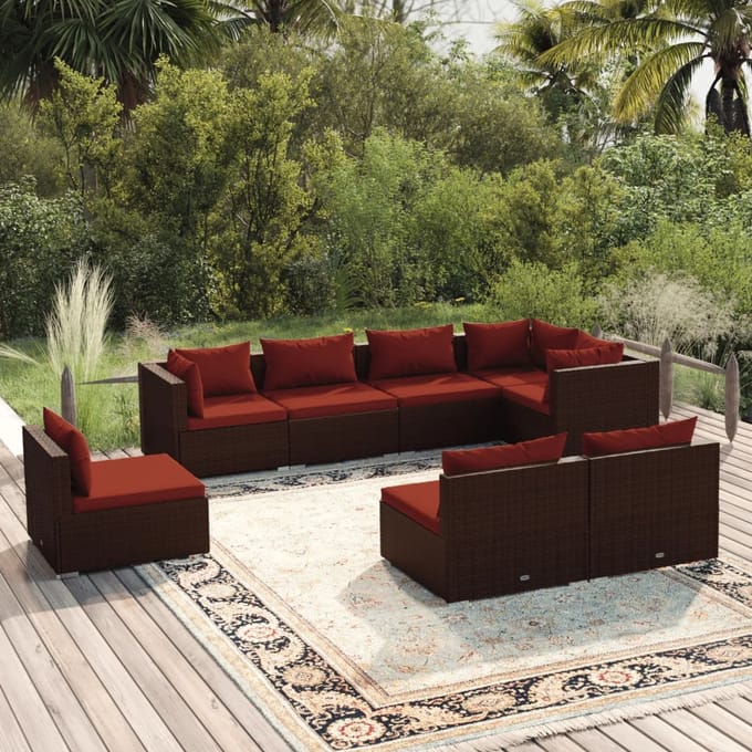 vidaXL - 8-delige - Loungeset - met - kussens - poly - rattan - bruin