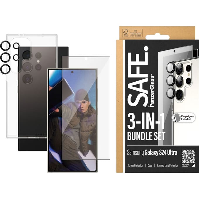 SAFE by PanzerGlass Safe 3-in-1 pack - Hoesje + screenprotector + camera protector geschikt voor Samsung Galaxy S24 Ultra - Transparant
