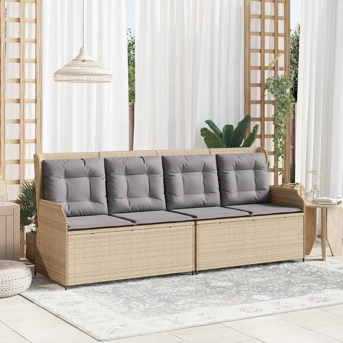 vidaXL - Tuinbankje - verstelbaar - met - kussens - poly - rattan - beige