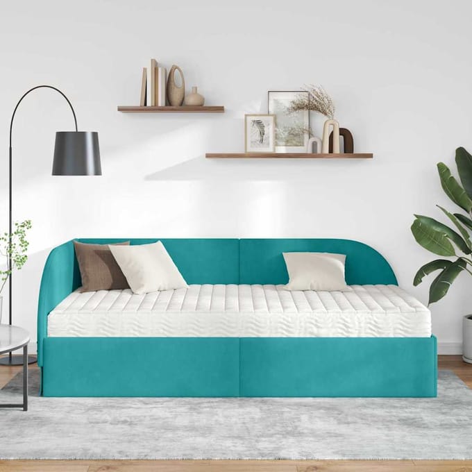 vidaXL - Hoekbedframe - met - Matras - met - hoofdeinde - 2 - st - Turquoise - Fluweel