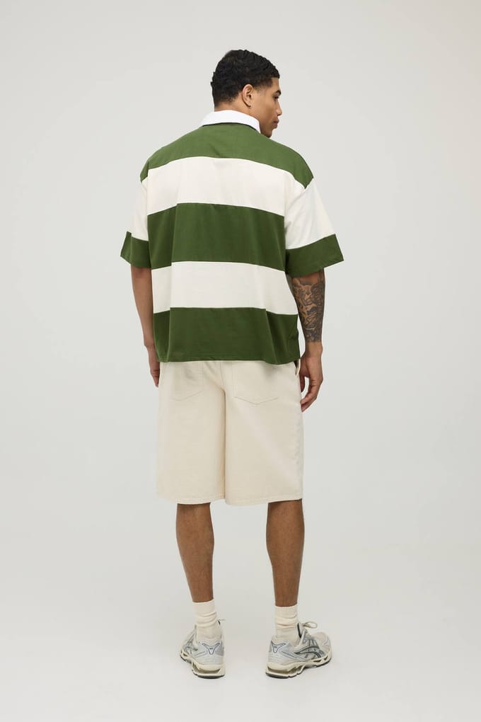 Los Angeles Gestreepte Rugby Polo Met Korte Mouwen | Olive | Size Medium