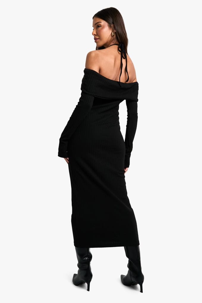 boohoo Dames Brede Rib Bardot Tie Midaxi-jurk | Black | Maat: 8