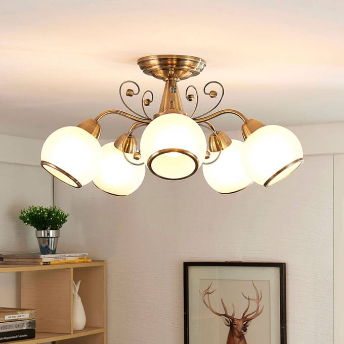 Lindby - plafondlamp - 5lichts - Glas, metaal - H: 26 cm - E14 - wit gesatineerd, antiek messing