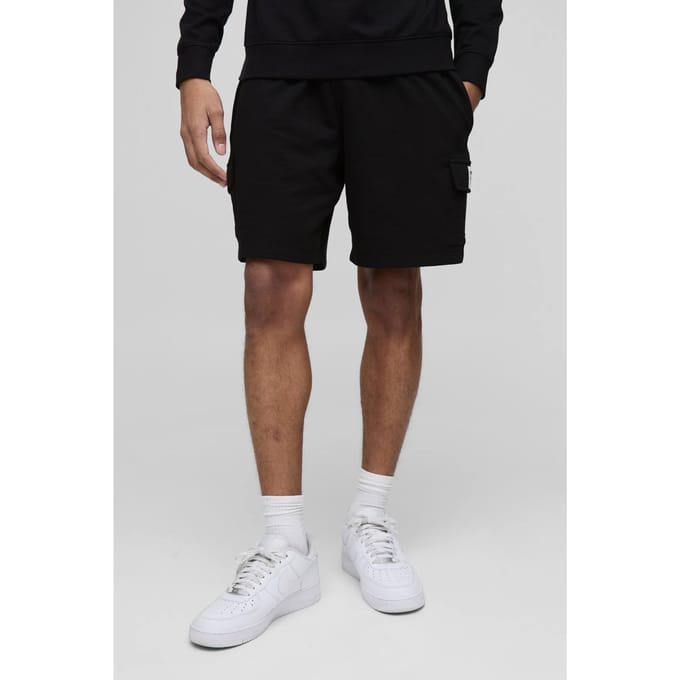 Lightweight Essential MAN. Relaxed Mid Length Label Cargo Shorts | Black | Size Medium