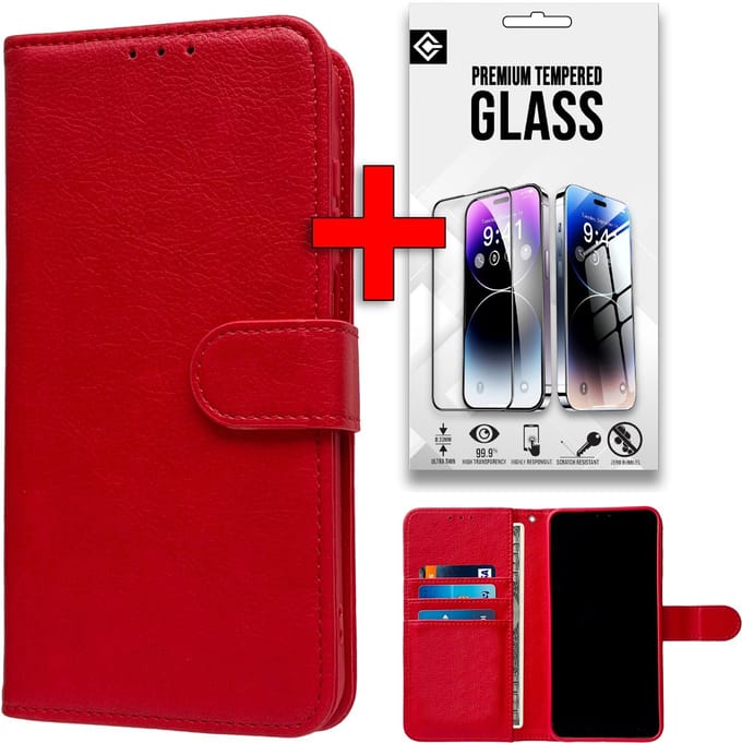 Casemania Hoesje & Glas Geschikt voor Apple iPhone 16e - Rood - Portemonnee Book Case - Glazen Screenprotector