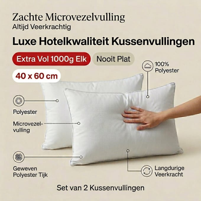 Set van 2 | BINNENKUSSEN - 40x60 cm | 1000 gram/stuk | Kussenvulling | 100% Polyester | Vulling - Microvezel