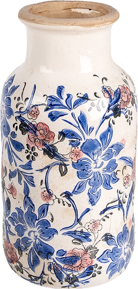 Clayre & Eef Vaas Ø 14x26 cm Beige Blauw Keramiek Bloemen