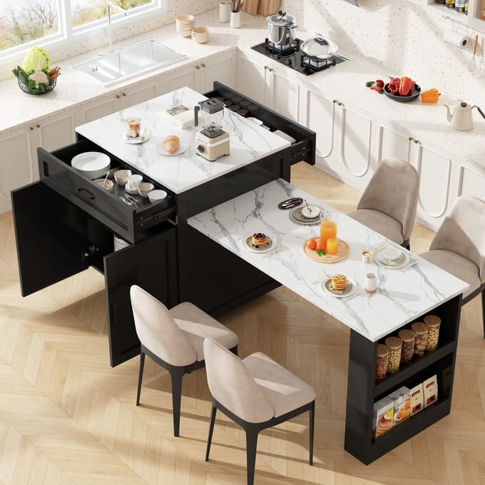 PHOEBE CAT Uitschuifbare Eettafel - Keukeneiland - 2 lades - Opbergruimte - Marmerlook - Zwart + Wit