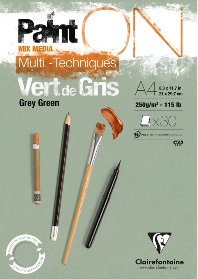 Clairefontaine - Paint ON - Multi-Techniek Pad - Tekenpapier - Schilderpapier - Grijs Groen - A4 - 250 g - 30 vel