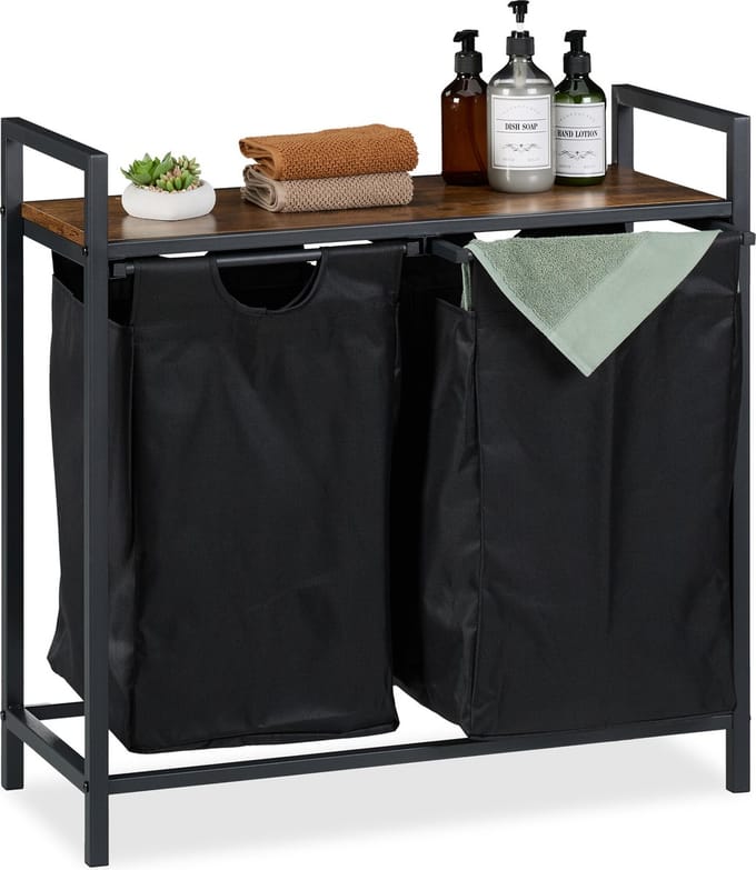 dubbele wasmand - op poten - 72 x 73 x 33 cm - met plank - 2 uitschuifbare vakken - industrieel