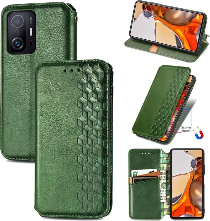 Luxe PU Lederen Ruitpatroon Wallet Case + PMMA Screenprotector voor Xiaomi 11T /11T Pro _ Groen