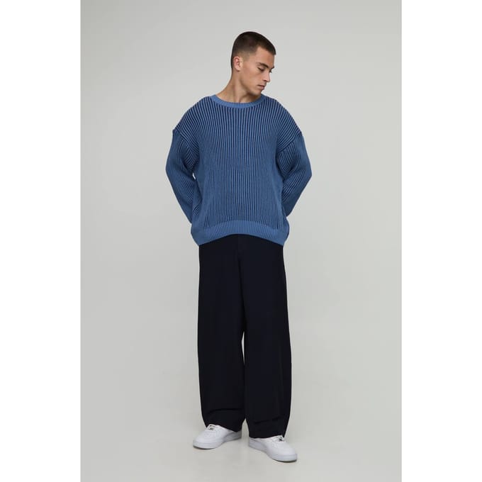 Heren Relaxte Boxy Geribbelde Gebreide Trui | Navy | Size Medium