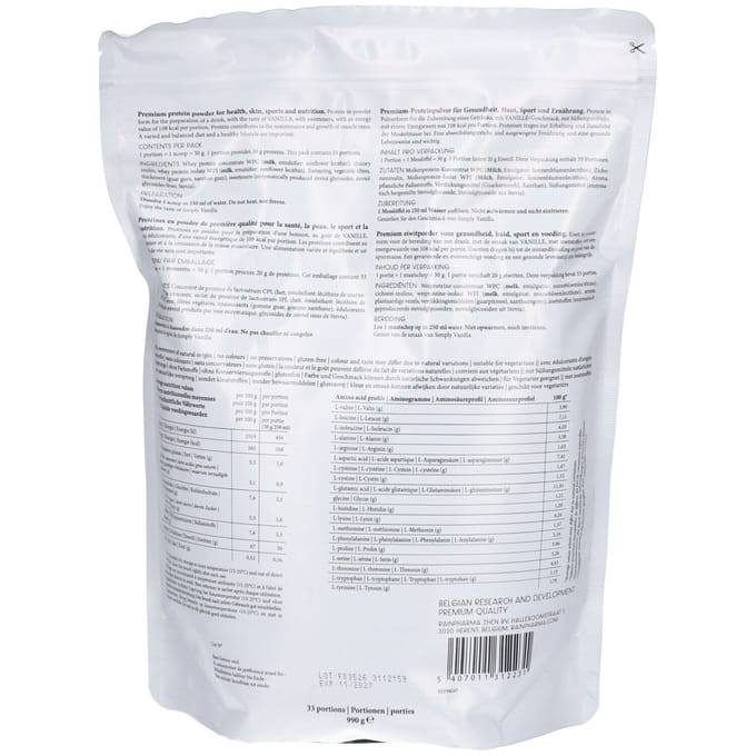 RainPharma Simply Vanilla Eiwitpoeder - Eiwitshake 990g - 20gr Eiwit - Zonder Sucralose - Vegetarisch - Eiwitpoeder