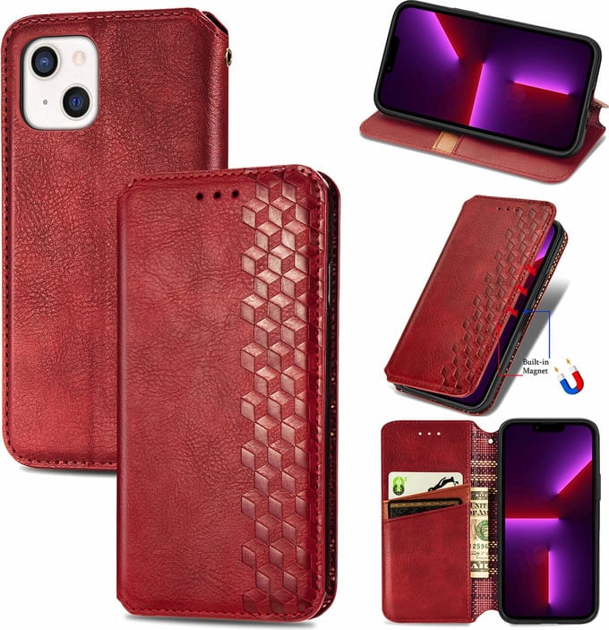 Luxe PU Lederen Ruitpatroon Wallet Case + Screenprotector voor iPhone 13 Mini _ Rood
