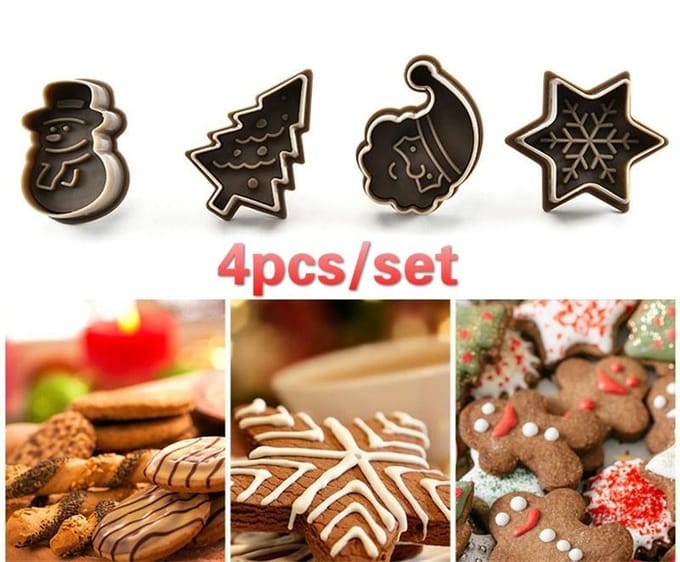 4 stks/set Plastic Cookie Bakvormen Sneeuwpop/Sneeuwvlok/Kerstboom/Kerstman Patroon Bakvormen gray