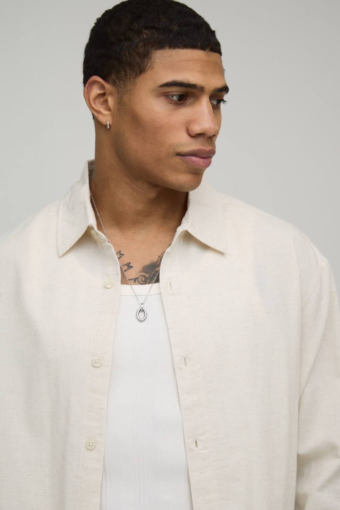 Oversized Boxy Long Sleeve Linen Co-Ord Blend Shirt | Natural | Size Large