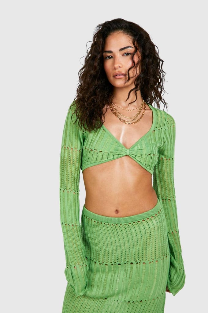 boohoo Dames Petite Ladder Gebreide Twist Top | Groente | Maat: Medium