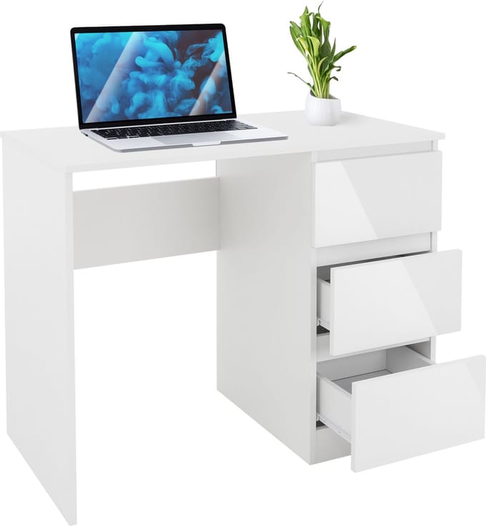 Bureau met drie lades, 90 x 76 x 50 cm, wit, van spaanplaat ML-Design