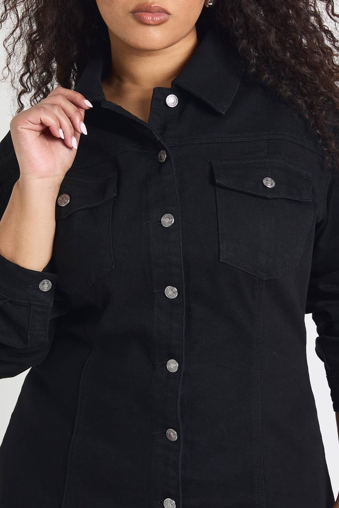 boohoo Dames Plus Denim Doorknoop Jurk | Black | Maat: 16
