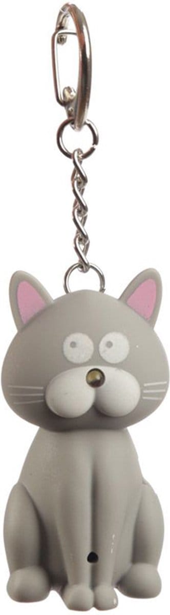 Sleutelhanger - Kat Lichtgrijs - LED Licht & Geluid Miauw - 10x5,5x2,5cm